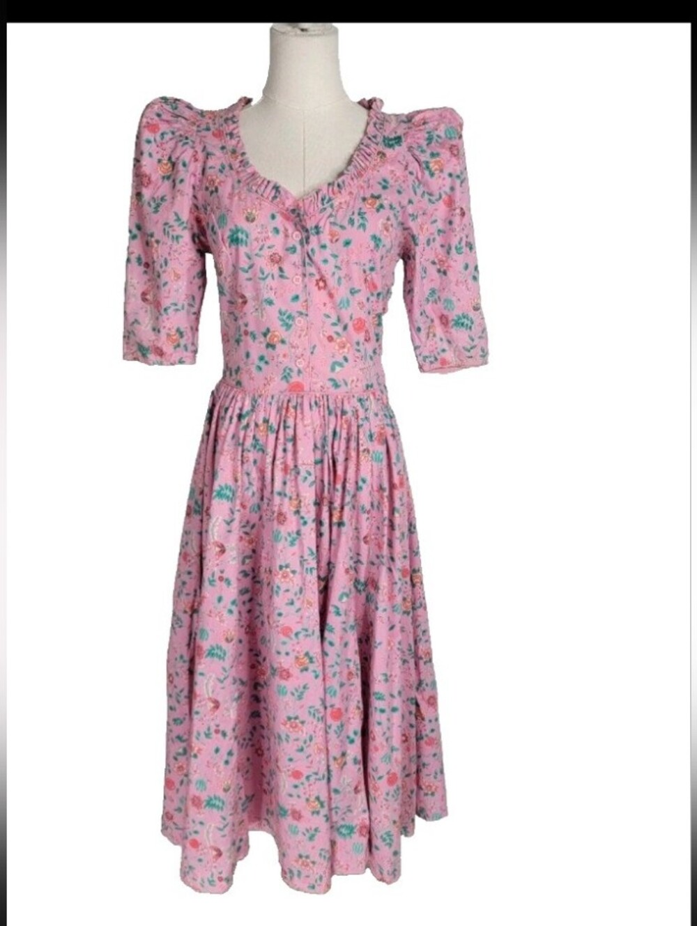 Komil Hawaii Sm Vintage Floral Cottagecore Dress Pink Cotton Button Front